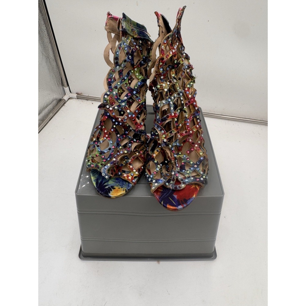 Zigi Soho Duran Rhinestone Cage Heels Multicolor Floral Stiletto Shoes Sz 8.5